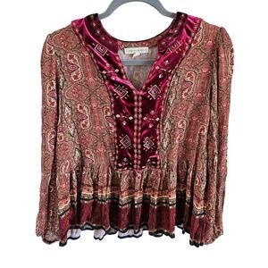 Farmers Market Woman Size L Velvet & Crinkle Bohemian Hippie Long Sleeve Blouse